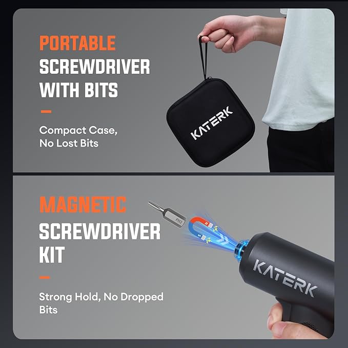 Katerk Cordless Electric Screwdriver Set - 5 torque settings, built-in LED, 15 accessories, 4V - Tools for Furniture Electrical Repairs