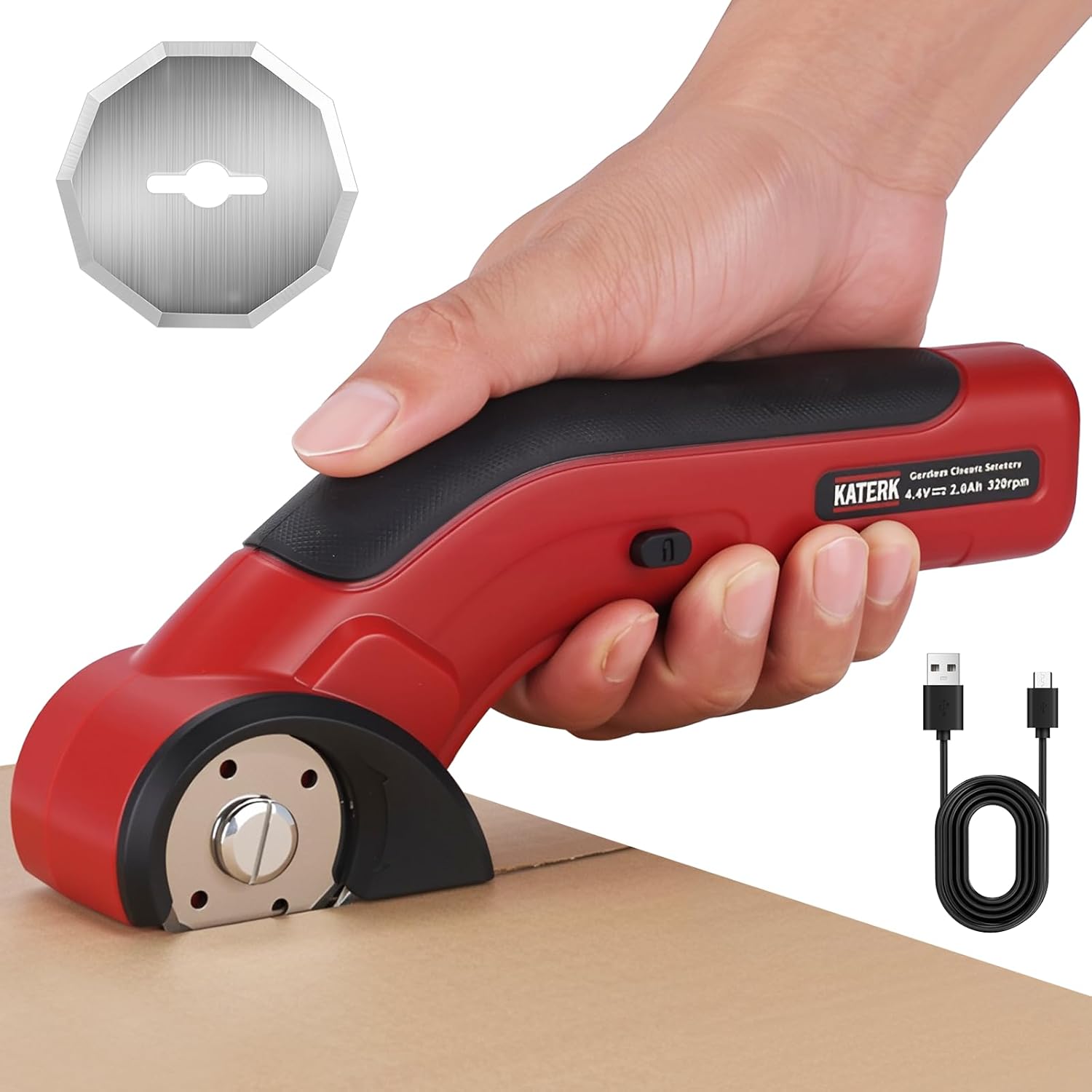 Katerk Cordless Electric Cardboard Cutter 4.4V – USB Rechargeable, 2 Self-Sharpening Blades with Safety Lock for Fabric, Carpet & Plastic