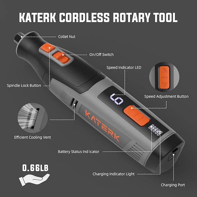 Katerk Cordless 4V Rotary Tool Kit, 6-Speed with 70 Accessories – Sanding, Polishing, Drilling, Etching, Grinding, Wood Carving