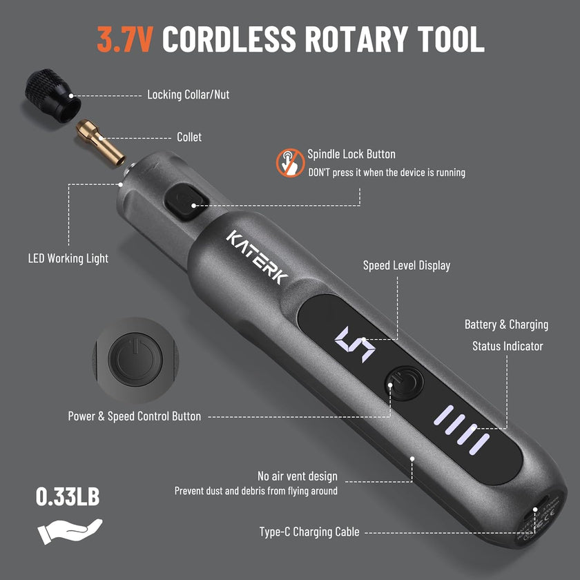 Katerk Mini Cordless 3.7V Rotary Tool Kit, 5-Speed with 70 Accessories – Sanding, Engraving, Polishing, Drilling