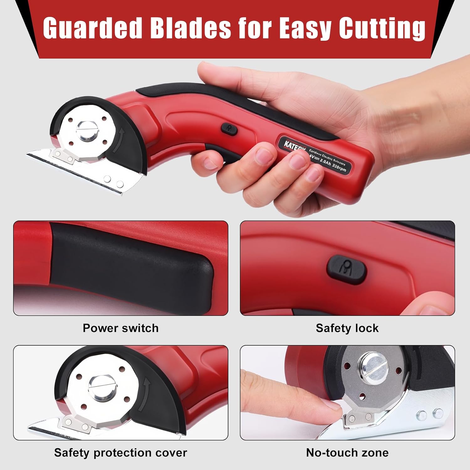 Katerk Cordless Electric Cardboard Cutter 4.4V – USB Rechargeable, 2 Self-Sharpening Blades with Safety Lock for Fabric, Carpet & Plastic