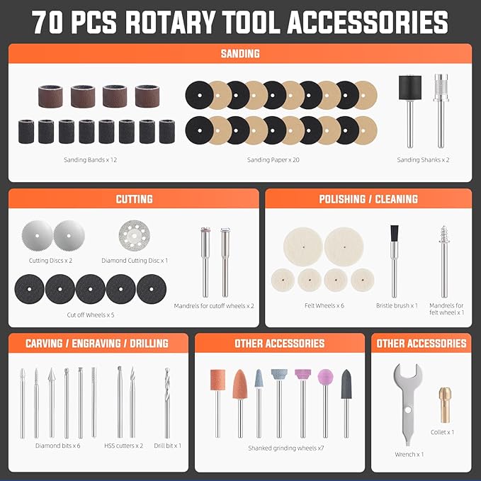 Katerk Cordless 4V Rotary Tool Kit, 6-Speed with 70 Accessories – Sanding, Polishing, Drilling, Etching, Grinding, Wood Carving