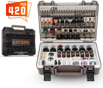 Katerk 420PCS Rotary Tool Accessories Kit with Sturdy Case & 4 Collets – Cutting, Sanding, Polishing, Carving, Drilling, Engraving | Fits Dremel & Most Rotary Tools