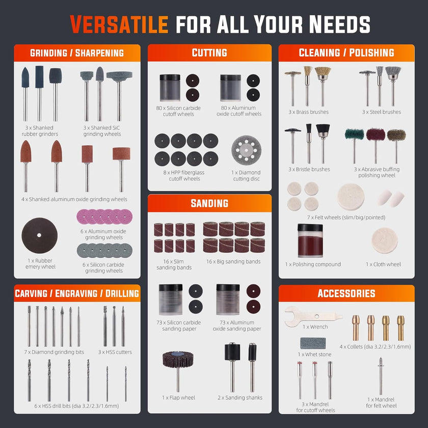 Katerk 420PCS Rotary Tool Accessories Kit with Sturdy Case & 4 Collets – Cutting, Sanding, Polishing, Carving, Drilling, Engraving | Fits Dremel & Most Rotary Tools